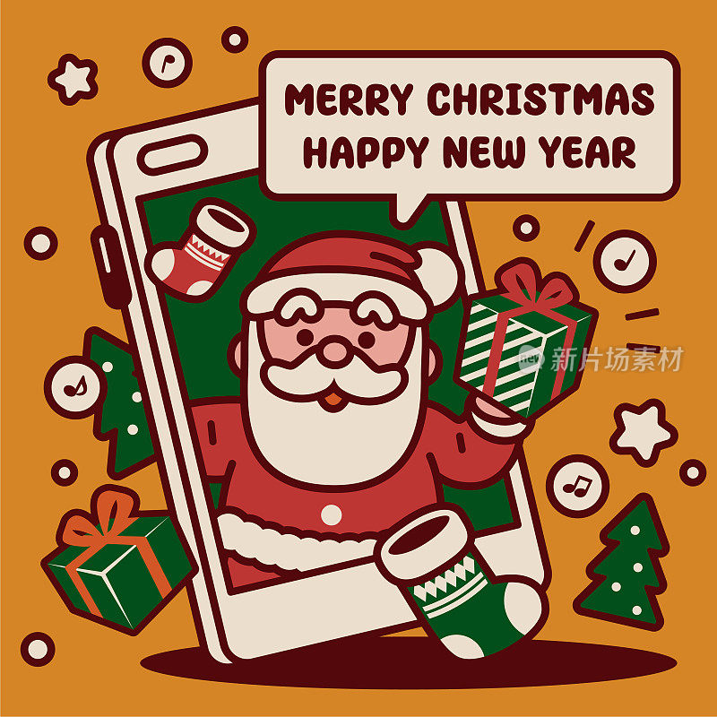 可爱的圣诞老人从智能手机里跳出来，给你送圣诞礼物和圣诞袜，祝你圣诞快乐，新年快乐