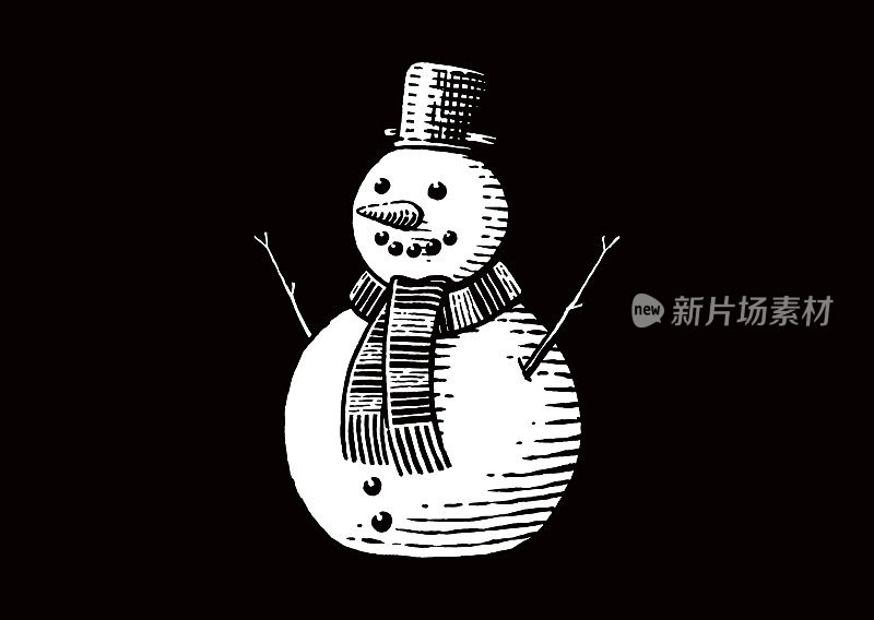 矢量复古风格的雪人穿着锅作为帽子和围巾插图