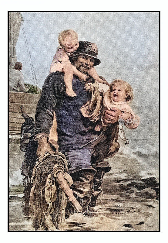 古董画照片:渔夫和两个孩子