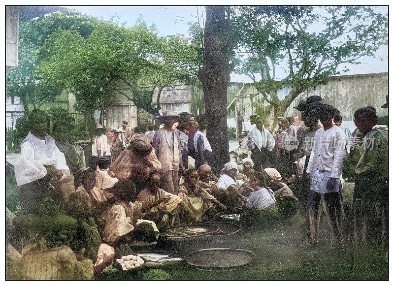 古色古香的黑白照片:鱼市场，Cavite，菲律宾