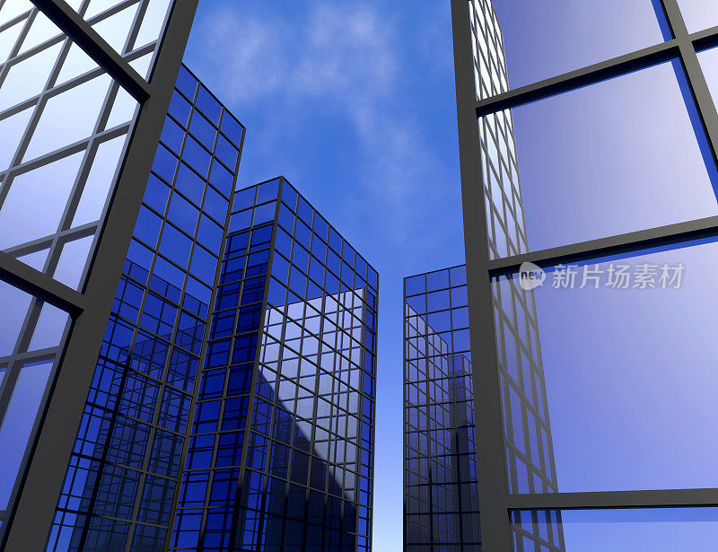 窗景办公大楼蓝色玻璃摩天大楼3D插图