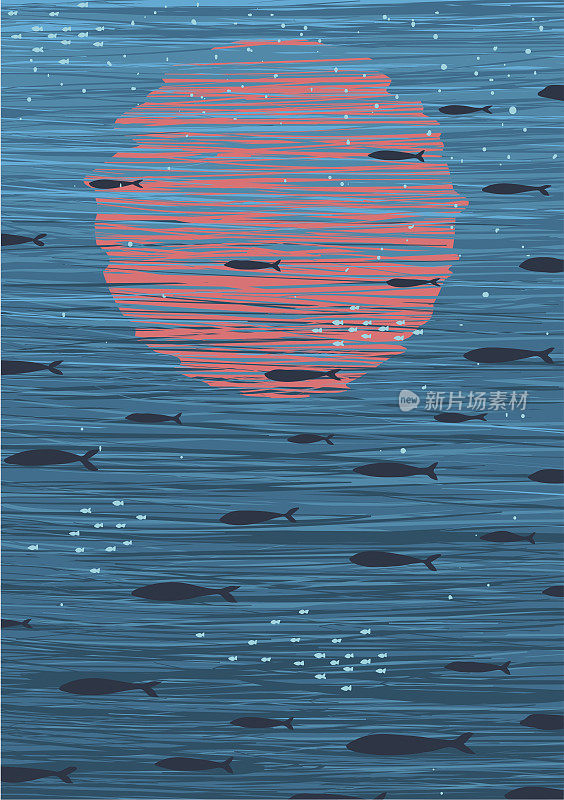 粉色日落和鱼水下卡通背景
