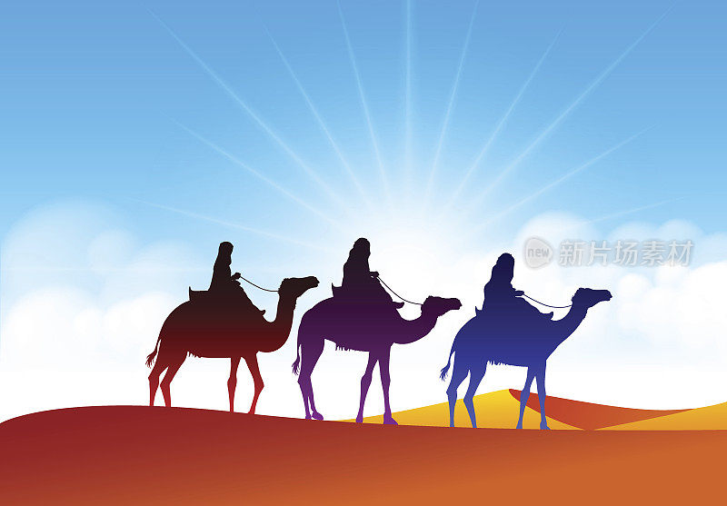 色彩缤纷的阿拉伯人与骆驼商队骑马