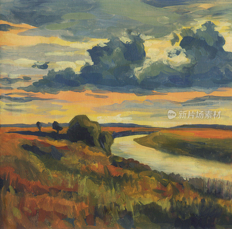 油画。傍晚的风景与多云的天空和河流