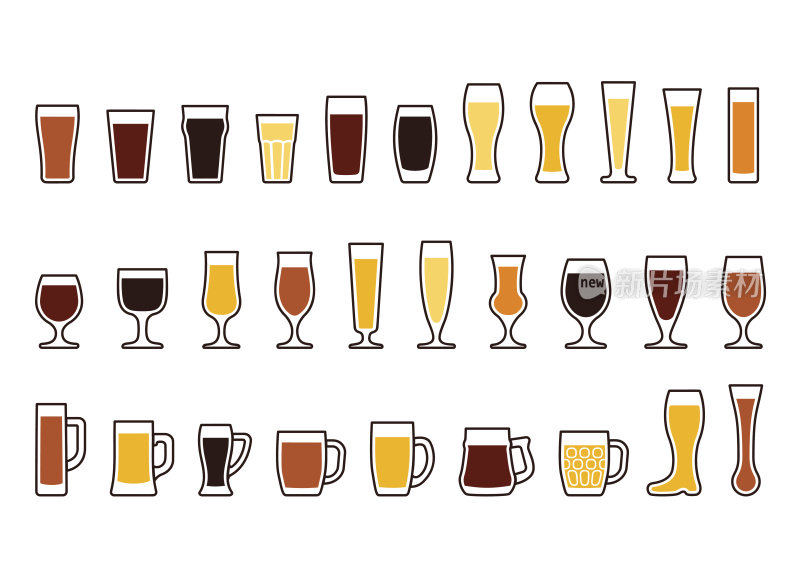 矢量图标的啤酒杯和玻璃杯