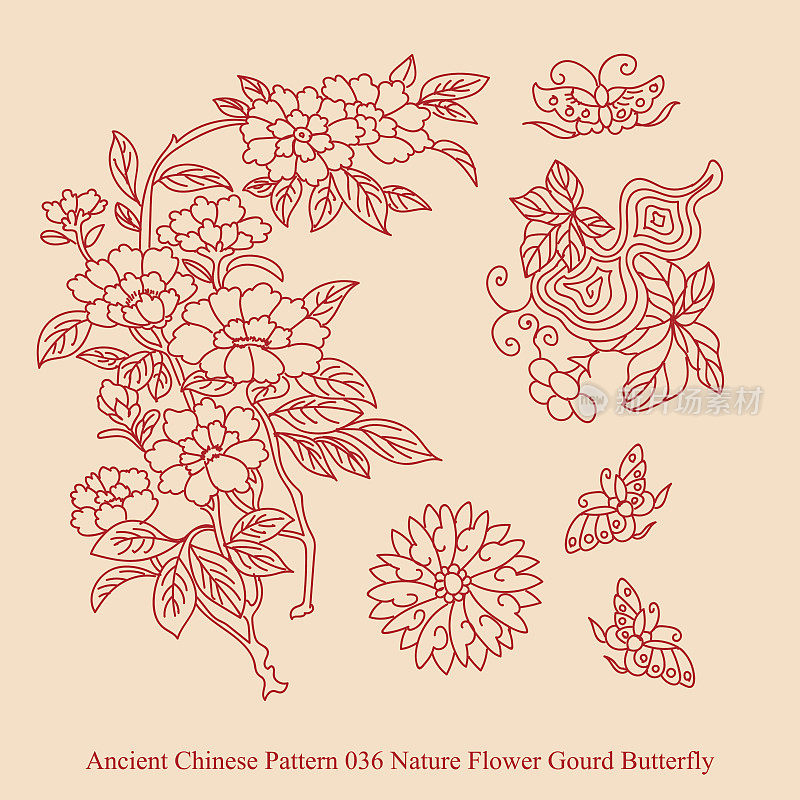 中国古代纹样_036自然花葫芦蝶