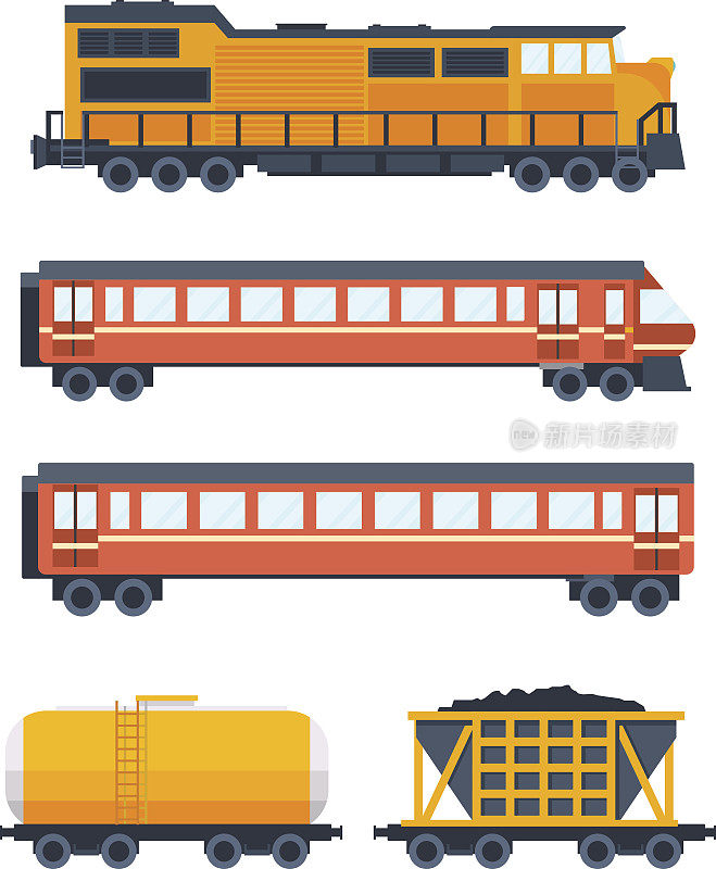 蒸汽机车有各种车厢。满载乘客、货物、蓄水池的马车