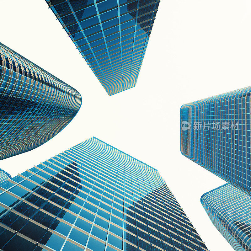 在商业区的现代摩天大楼的底部视图。工业建筑、商业建筑和房地产金融概念。三维渲染