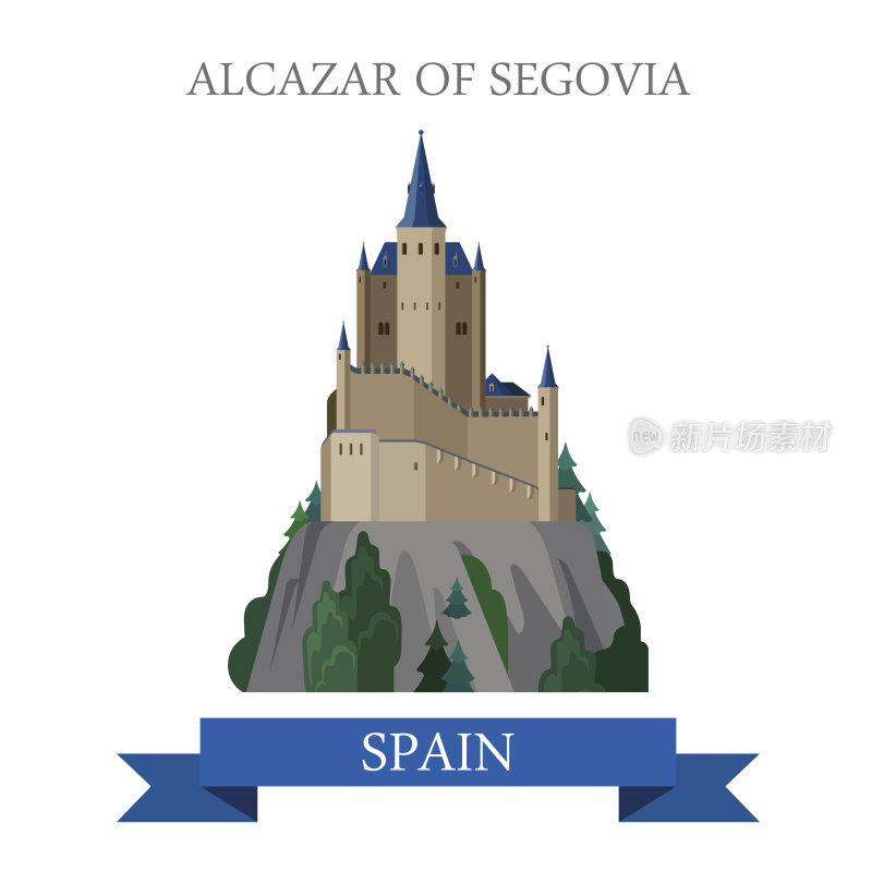 西班牙塞戈维亚的阿尔卡扎尔。平面卡通风格的历史景观，展示景点，兴趣点，网站矢量插图。世界各国城市度假旅游观光收藏。