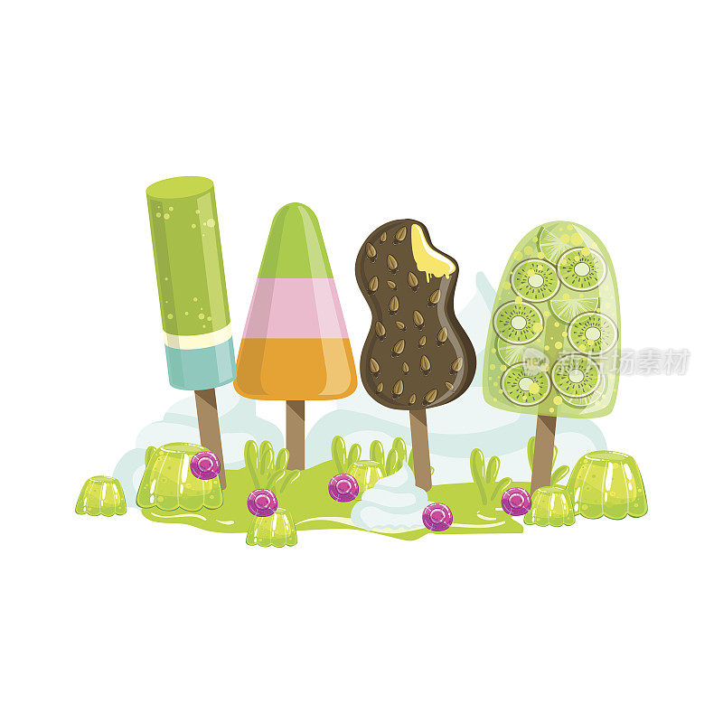 冰淇淋和冰冻水果树幻想糖果土地甜蜜的景观元素