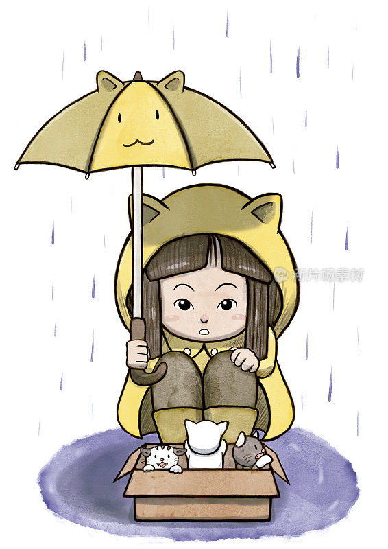 女孩保护一箱被遗弃的猫免受雨淋