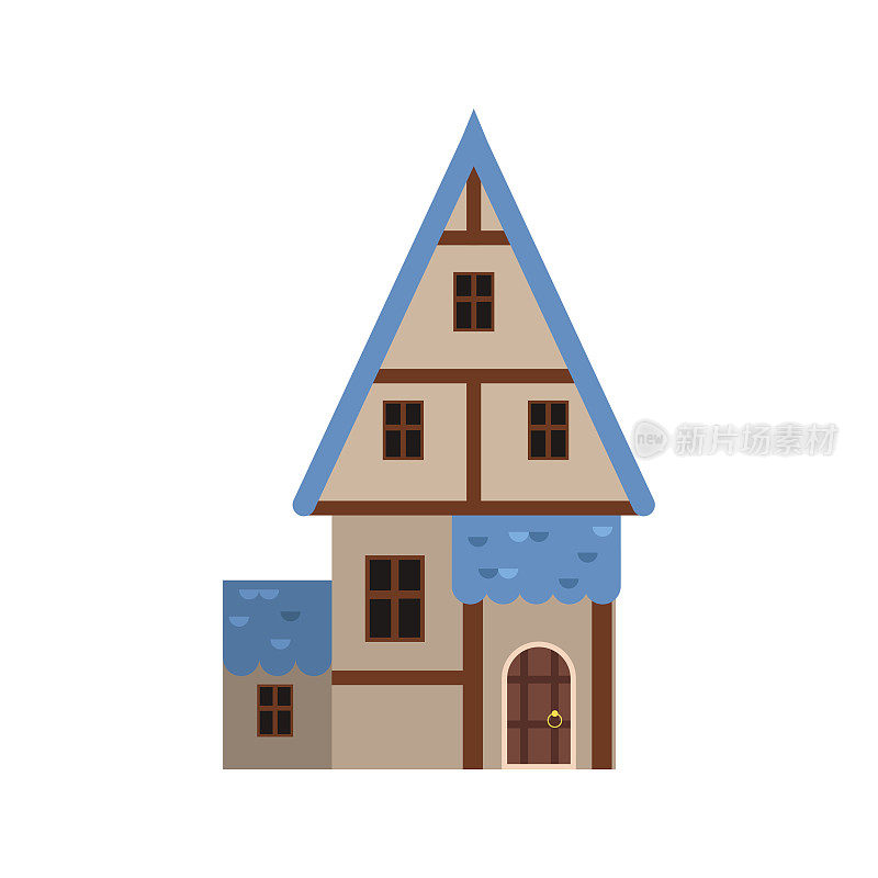 传统老房子采用木结构和蓝色屋顶，古建筑建筑矢量插图