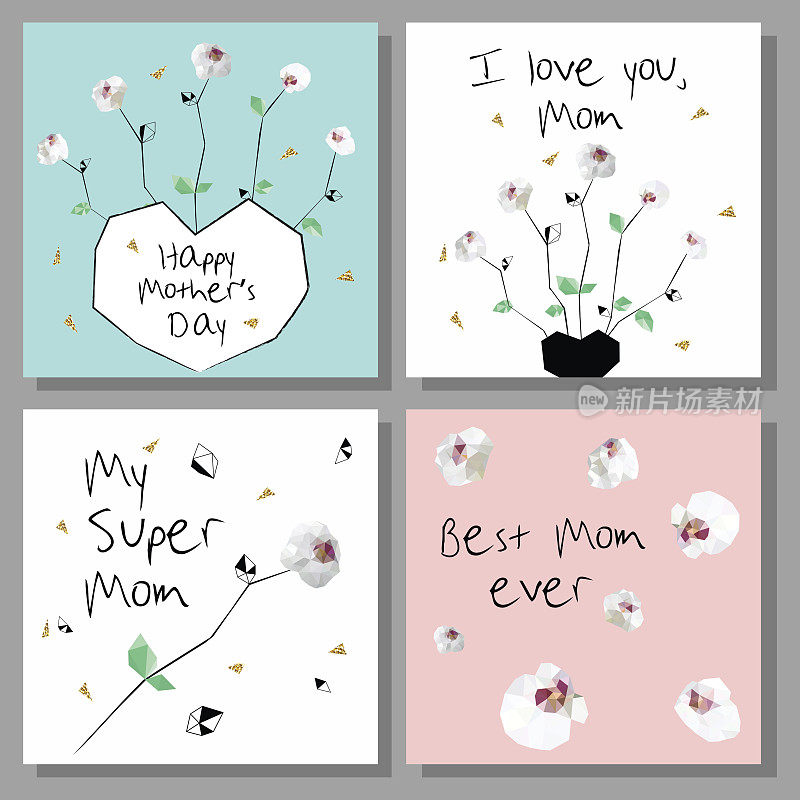 一套母亲节艺术创意卡片。低聚花柱兰花花。