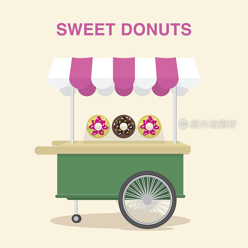 甜甜圈店在搬家的货车上。街头食物矢量插图。