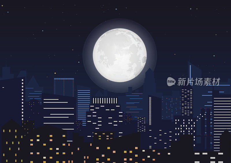 夜晚的城市。城市景观夜晚剪影与大月亮矢量插图。