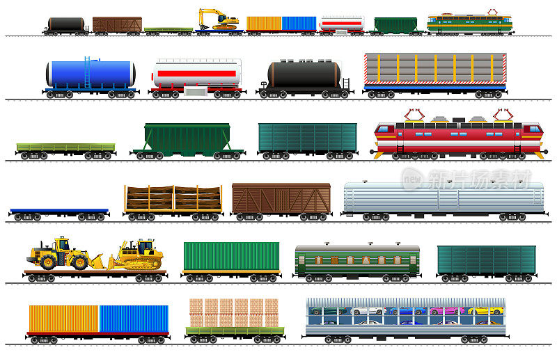 货运列车的汽车。铁路货物车厢的剪影。矢量，孤立在白色上