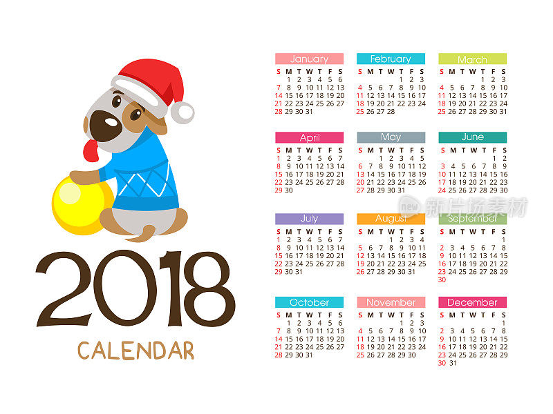 2018年圣诞日历。矢量文件。狗是这一年的象征。有趣的狗杰克罗素梗10