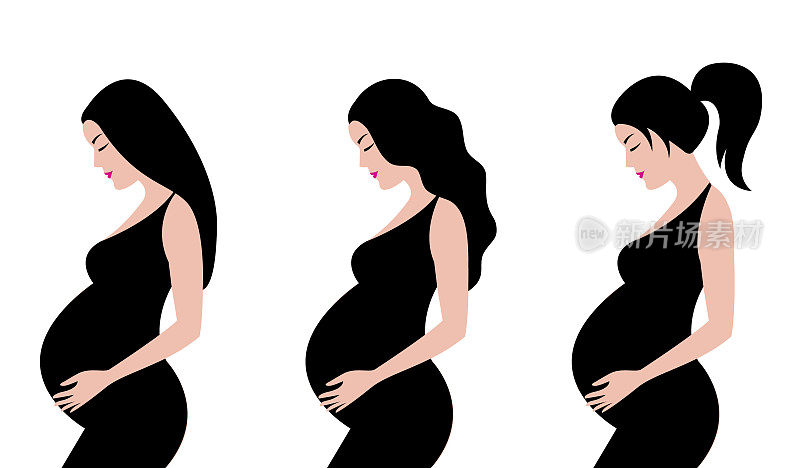 简单可爱的彩色矢量插图黑色孕妇与不同的发型在黑色连衣裙。