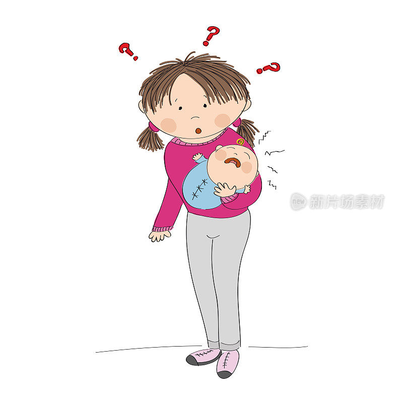 困惑的年轻母亲抱着她哭泣的男婴-原创手绘插图-