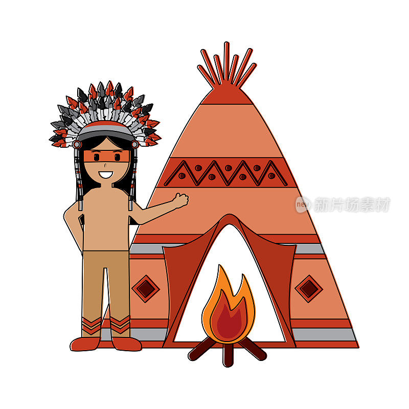 美国印第安人，有帐篷和篝火