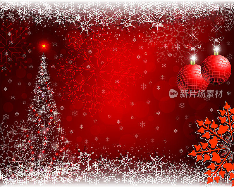 圣诞节的红色背景与圣诞树和球