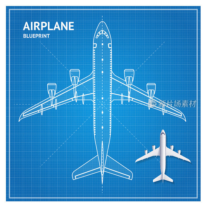 飞机蓝图计划俯视图。向量
