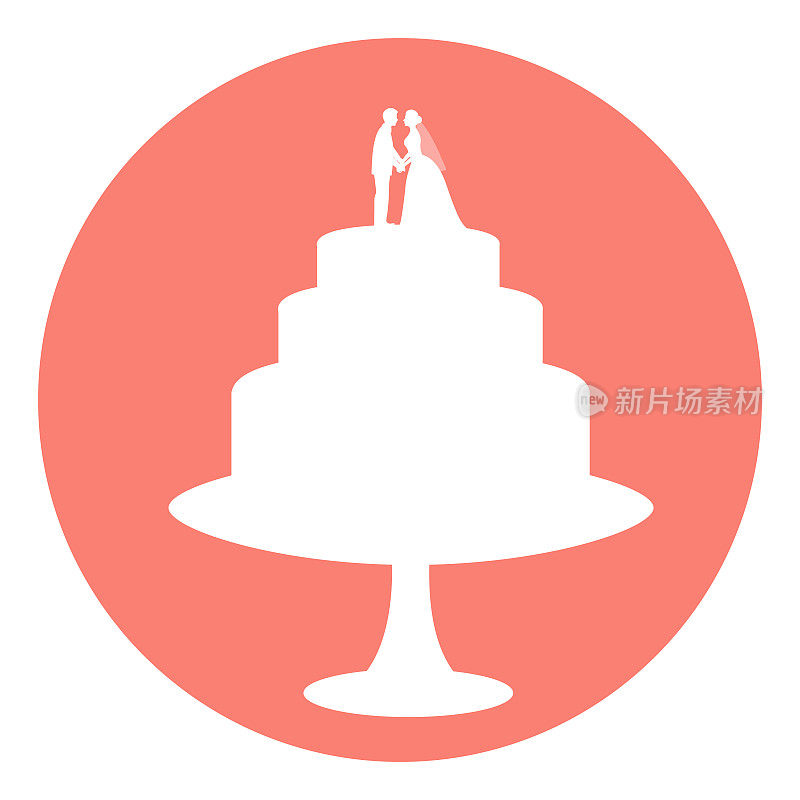 图标的婚礼蛋糕。婚礼蛋糕和新郎新娘小雕像。