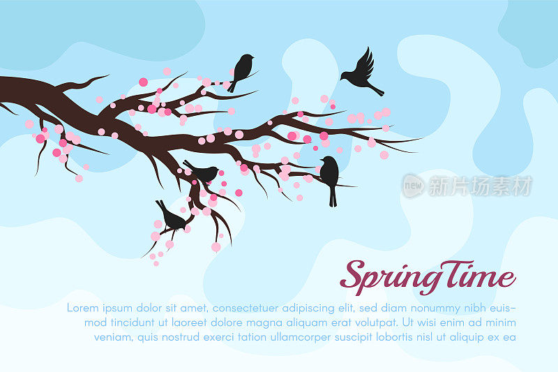春天的树木开花，鸟语花香。向量装饰背景