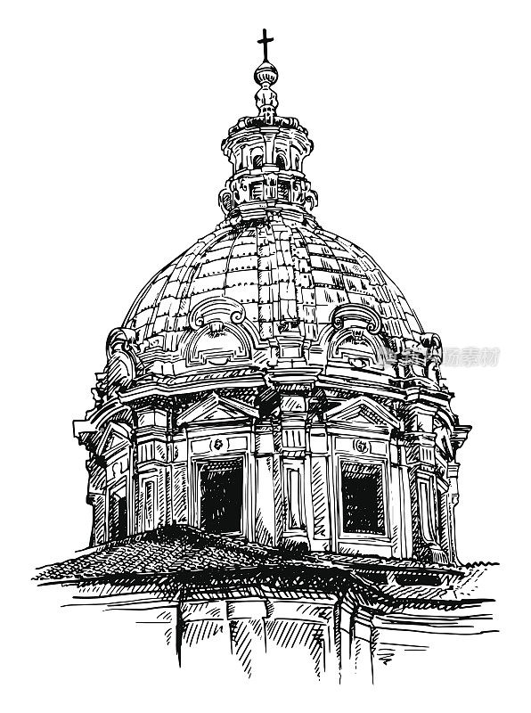 罗马古老长方形教堂的素描