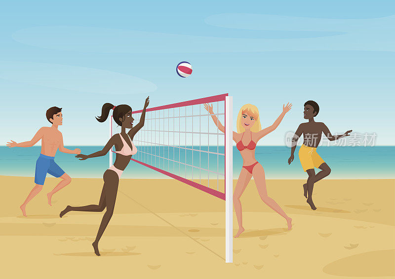 人们在沙滩上玩排球矢量插图。活跃的海滩运动。