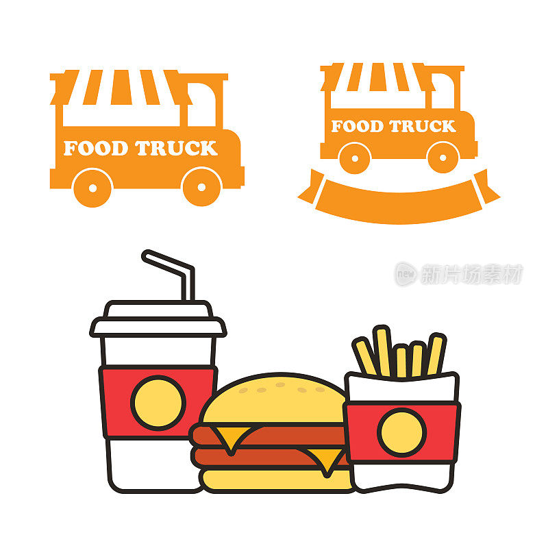 快餐零食和饮料平面矢量图标。快餐图标。年代