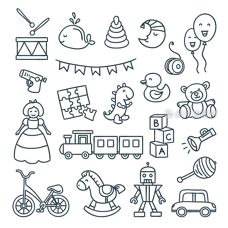 婴儿和儿童玩具矢量大纲插图。可爱的玩具、球、车、自行车等儿童元素