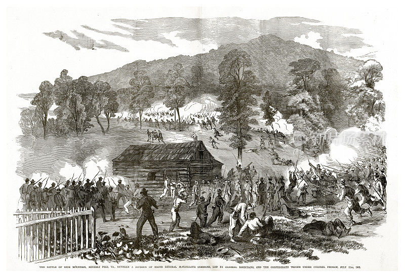 7月11日，弗吉尼亚州贝弗利派克，里奇山战役。1861年内战版画
