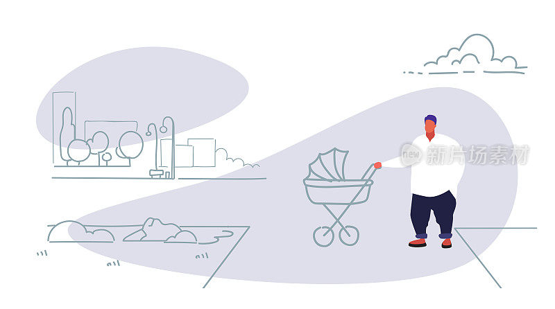 胖肥胖的男人与婴儿在婴儿车步行城市城市公园幸福的家庭超重的父亲和孩子有乐趣户外城市景观背景全长素描水平