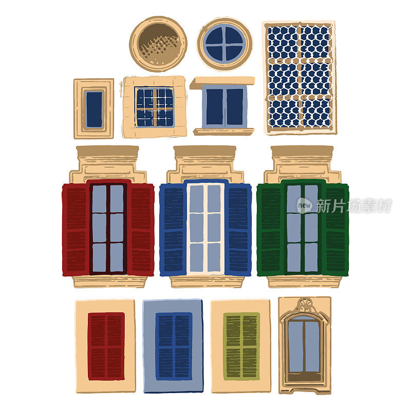 矢量收集的传统马耳他窗户与各种装饰和颜色