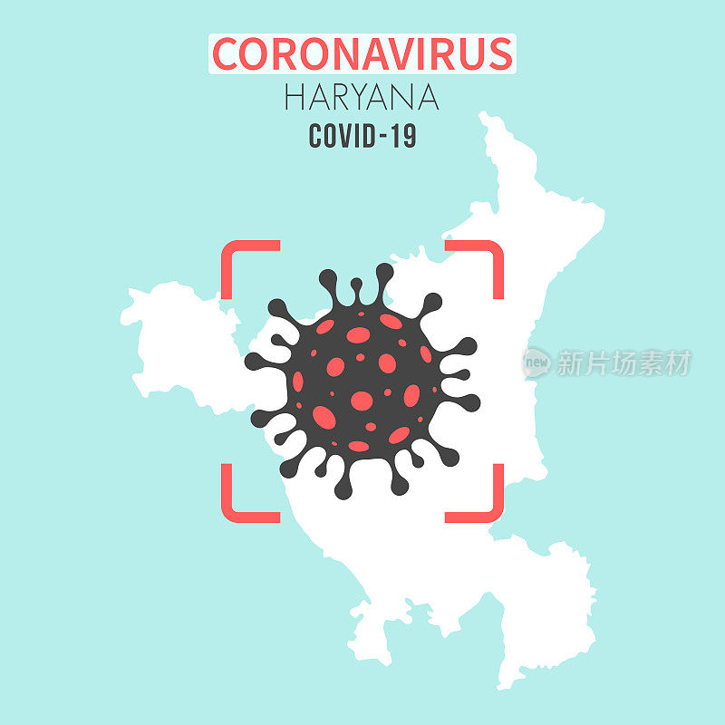 哈里亚纳邦地图，红色取景器中有冠状病毒细胞(COVID-19)