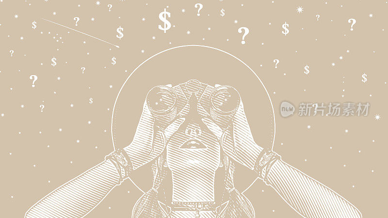 拿着双筒望远镜寻找金融不确定性解决方案的女人