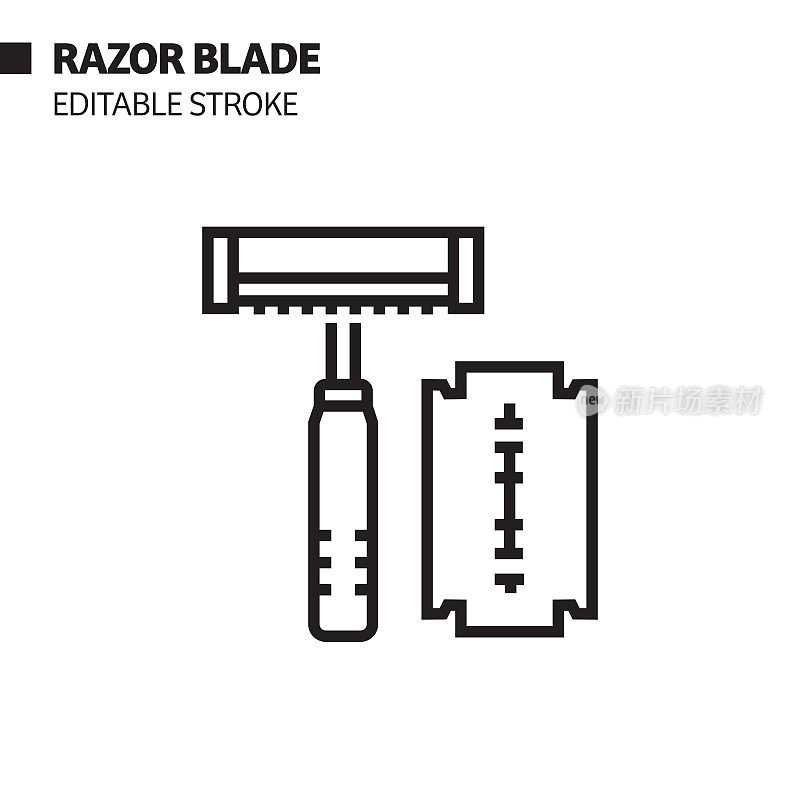 剃须刀刀片线图标，轮廓向量符号插图。完美像素，可编辑的描边。