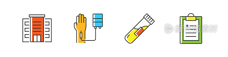献血相关矢量直线图标。大纲符号集合。