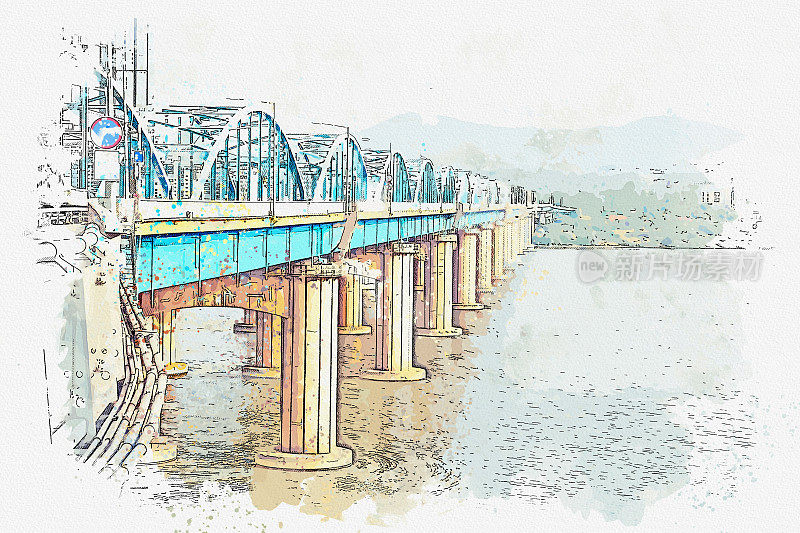 韩国首尔东鸦桥、汉江水彩画。