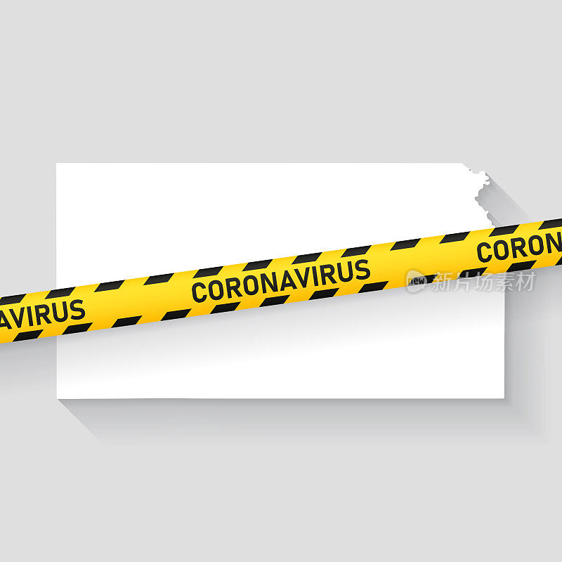 堪萨斯州地图与冠状病毒警告胶带。Covid-19爆发