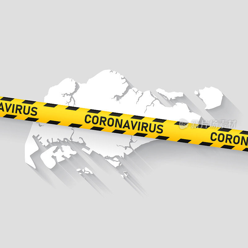 新加坡地图与冠状病毒警告胶带。Covid-19爆发