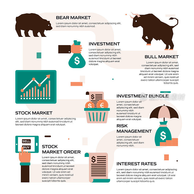 投资相关矢量集的平面图标和信息图形设计
