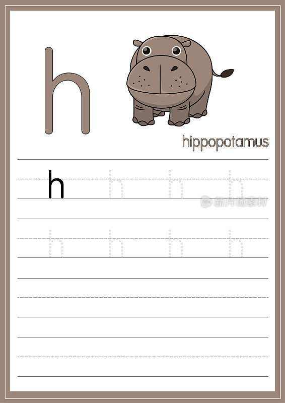 在白色背景上孤立河马的矢量插图。带小写字母H，用作教与学的媒介，供儿童识别英文字母或供儿童学习书写字母用于家庭和学校学习。