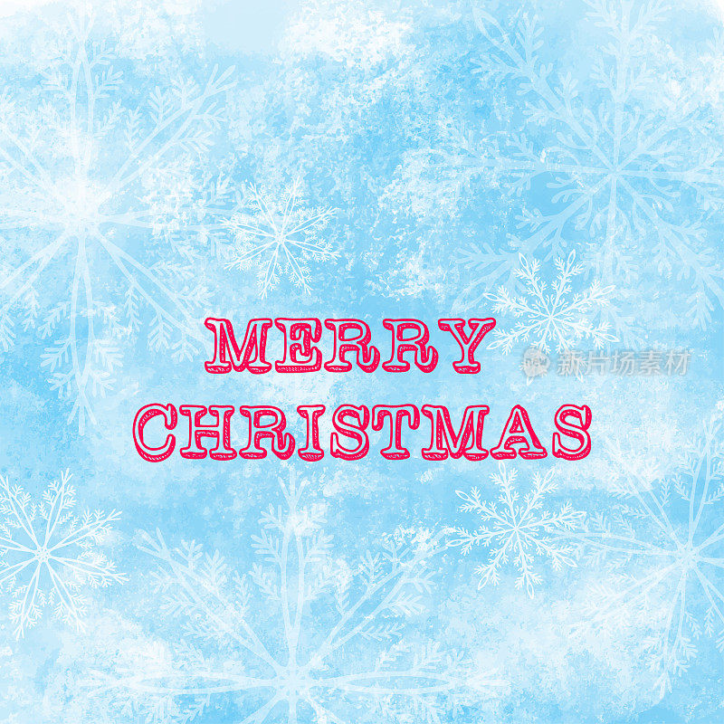 圣诞贺卡与雪白的蓝色背景和白色的雪花。