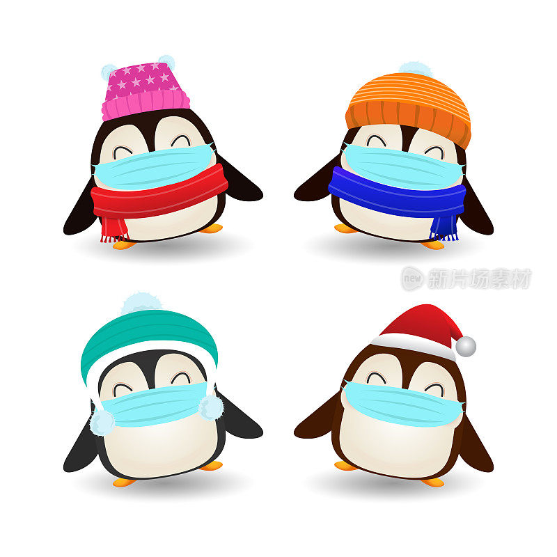圣诞快乐，新常态的生活理念和社交距离，一群戴着圣诞帽的快乐企鹅，戴着外科口罩的圣诞老人保护新冠病毒病媒插画