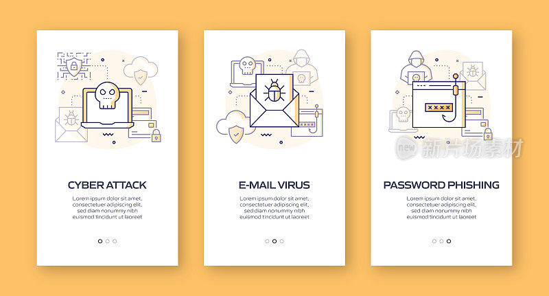 数据安全和网络安全概念入职移动应用程序页面屏幕与平面图标。UI设计模板矢量插图