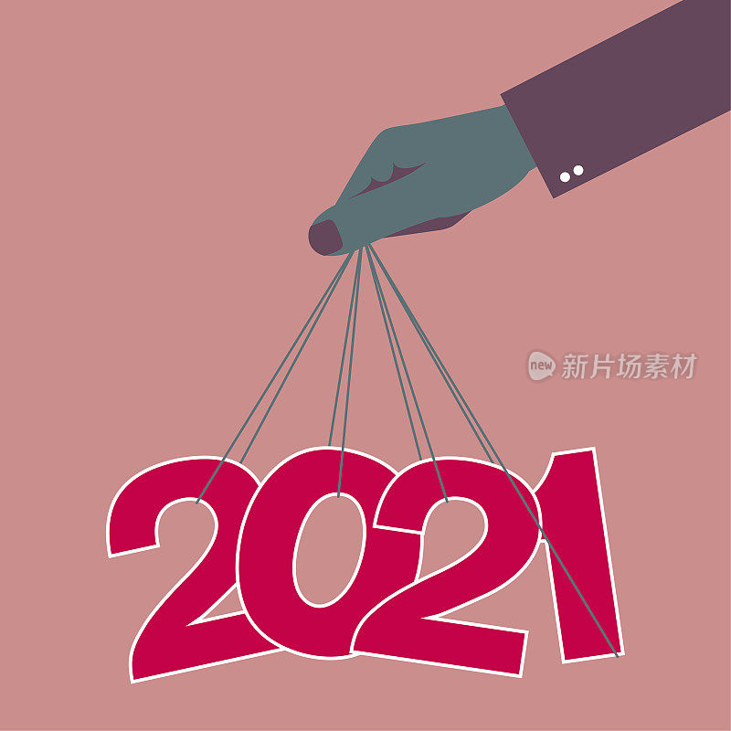 2021新年元素设计，一只手拿起“2021”新年。