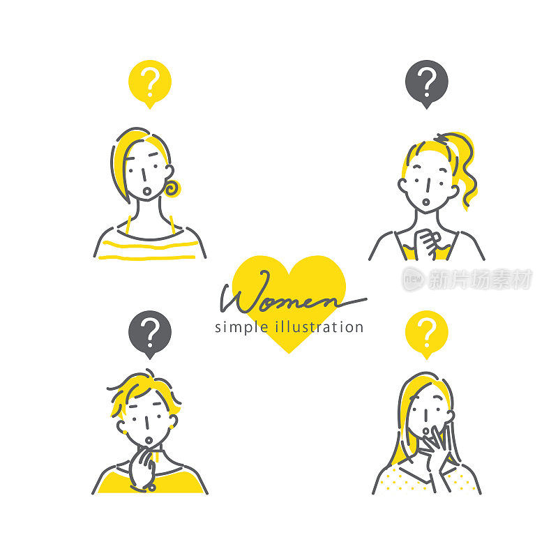 简单的线条艺术插图，妇女在双色，黄色和灰色