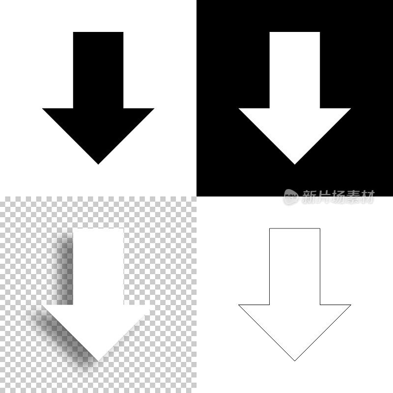 向下箭头。图标设计。空白，白色和黑色背景-线图标